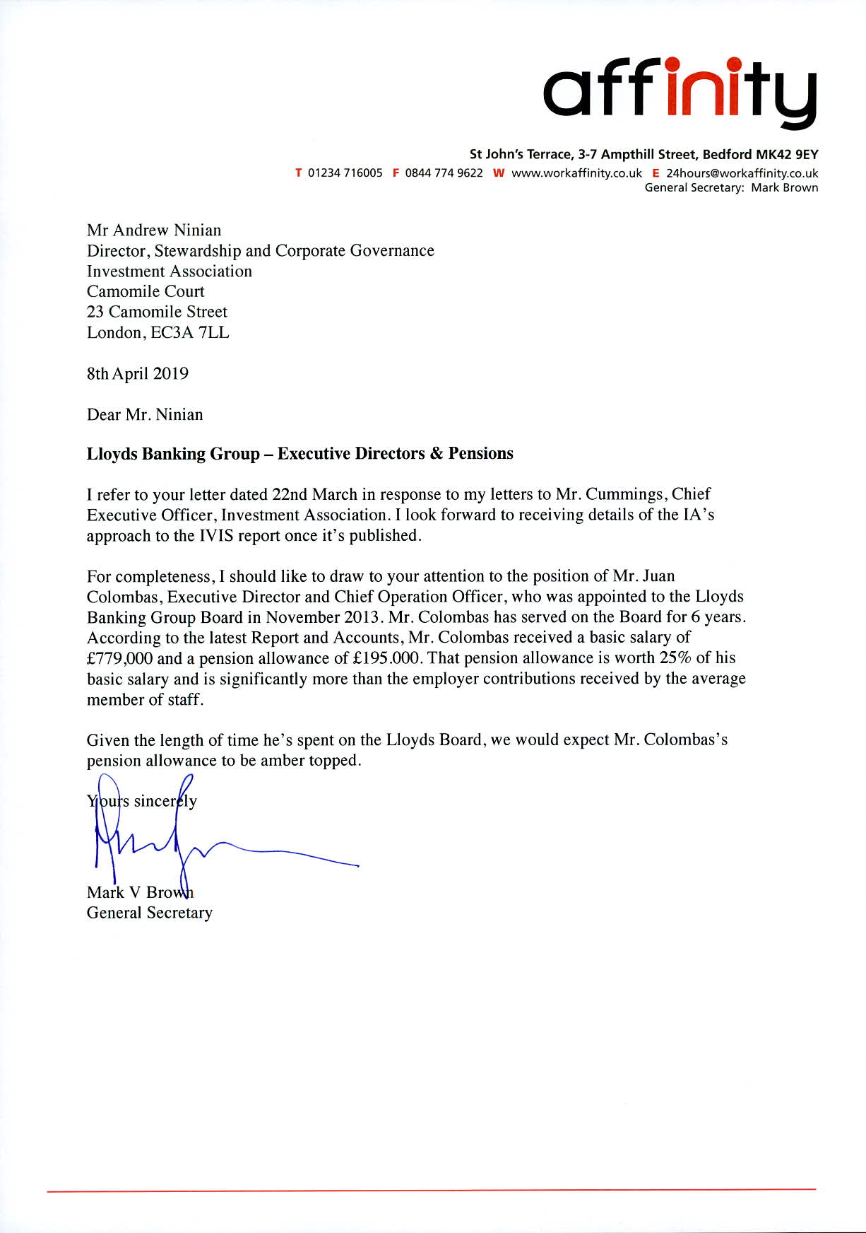 Letter To Andrew Ninian Regarding Executive Directors & Pensions | BTU