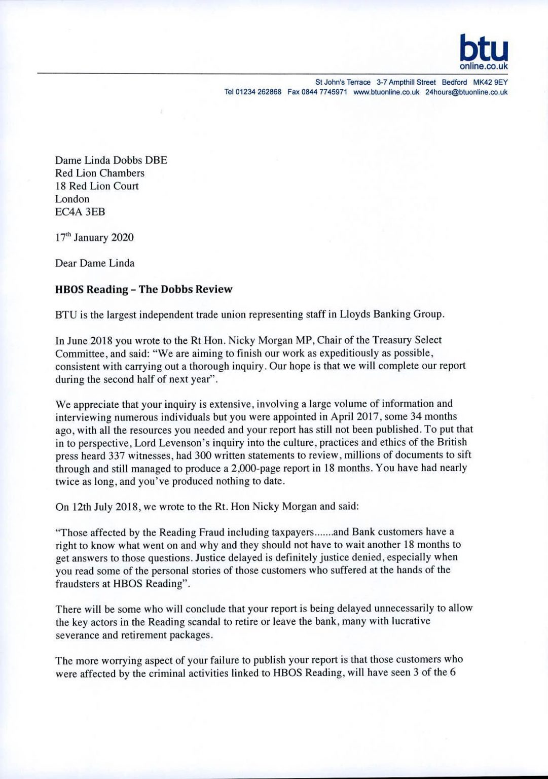 Letter To Dame Linda Dobbs DBE Regarding HBOS Reading | BTU